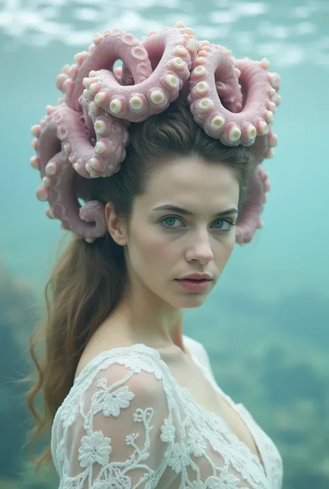 A surreal portrait of a mystical woman with vivid blue eyes, her hair replaced by realistic, detailed pale pink octopus tentacles. The tentacles are intricately textured, with suction cups visible and highlighted under soft, diffused lighting. She is dress...