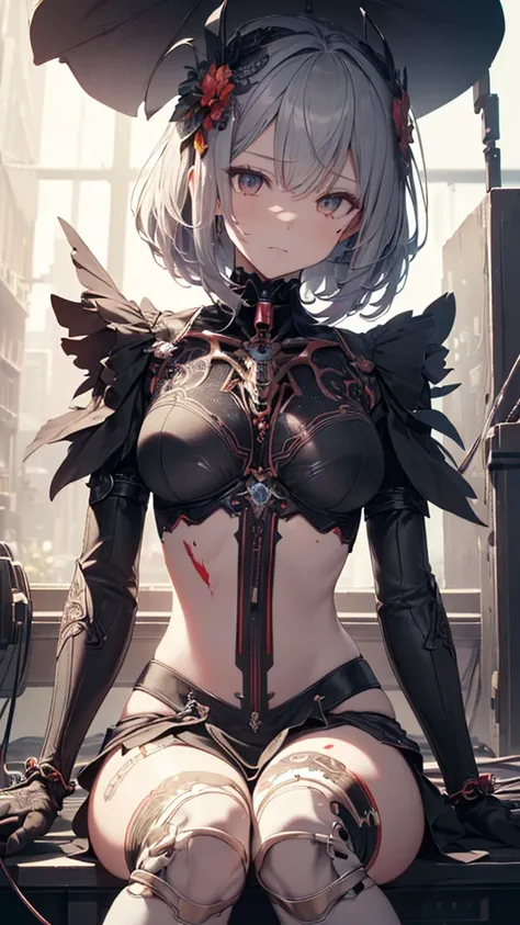 (((masterpiece))), ((( best quality))), (( super detailed)), ( Very detailed CG illustration), (( very delicate and beautiful )),Cinematic Light,(( 1 Mechanical Woman )),Alone,Big Breasts,whole body,(Machine made joints:1.2),((Mechanical marginal blood ves...