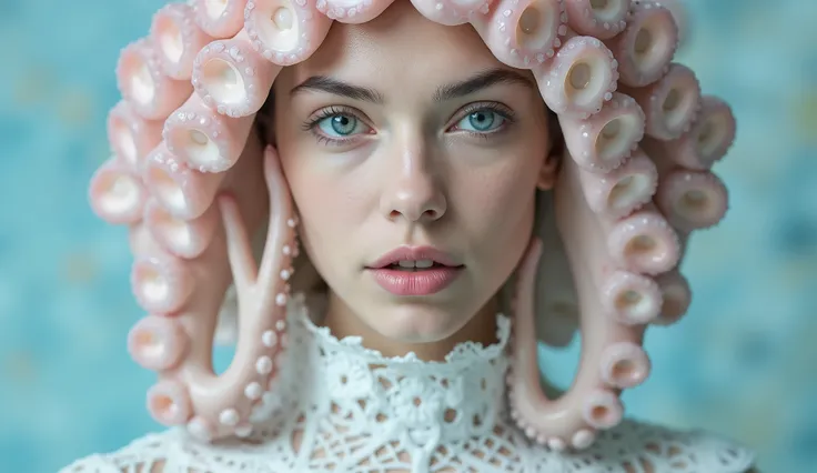 A surreal portrait of a mystical woman with vivid blue eyes, her hair replaced by realistic, detailed pale pink octopus tentacles. The tentacles are intricately textured, with suction cups visible and highlighted under soft, diffused lighting. She is dress...