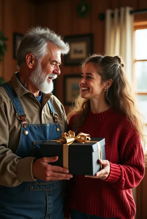 Create a man farmer getting a Christmas present from his ultra-realistic 20-year-old daughter and real people,  inside the box is a basic black t-shirt with no print he is happy