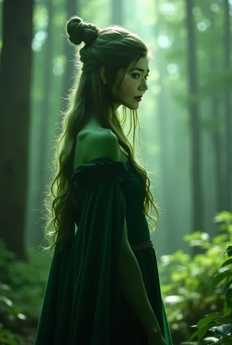  silhouette ,  8k Ultra HD, A beautiful green-skinned witch like Alfhaba from Wincked like the young woman in the photo, In a beautiful forest backgroundThe background is monochrome , sharp focus, double exposure, By Yukisakura,  incredible full color