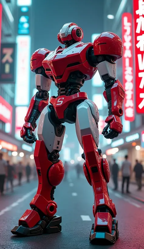 A sleek, futuristic combat robot adorned in the red and white colors of Japan’s flag, standing on a bustling street under bright neon signs. The 2-meter-tall robot is poised with its fists ready, its minimalistic yet advanced design radiating strength.