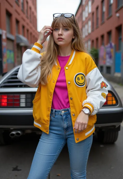 A Russian girl, pale skinned, expressive light blue eyes, rosy cheeks, long wavy blonde hair styled with bangs. She is wearing a yellow and white college jacket with a Happy Face patch, a fuchsia t-shirt, blue jeans, and white Nike sneakers. She is touchin...