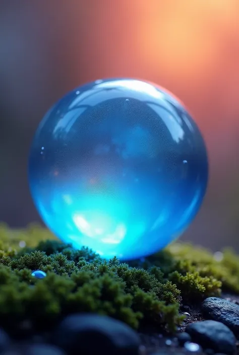 Gradient blue orb centered and layered over complementary background using soft oranges and blues with hues of pink and purple make HDR
background is digital pixelation in the noise of a complementary color but also has the orb resting on moss and has a sl...