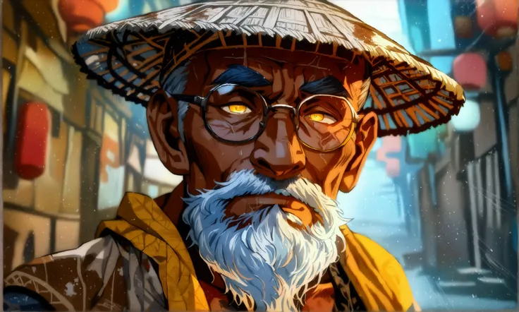 Old man, brown skin, muscular and large physique, bald head, big blond and sturdy beard, bright yellow eye, pointed chin, pointed nose, small eye, small pink glasses, beggar clothes, big cloth hat, happy and solemn expression, Dirty alley scenery, ((Anime ...