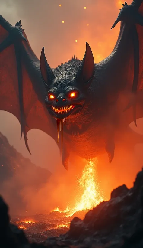 A fierce giant bat with glowing molten orange eyes and fangs dripping with fiery liquid, swooping menacingly over a volcanic eruption, its wings glowing faintly from the intense heat, cinematic composition, photorealistic details, ash and lava sparks flyin...