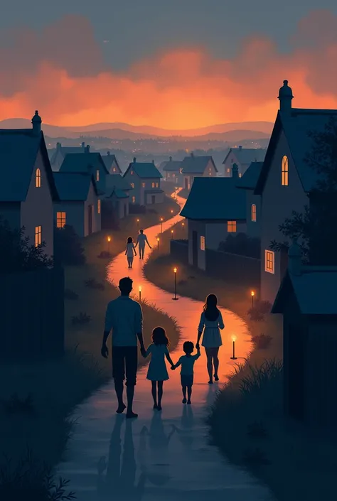  background with silhouettes of a town and a path that I got there. Several families carrying candles .  It has to be simple and cause tenderness 