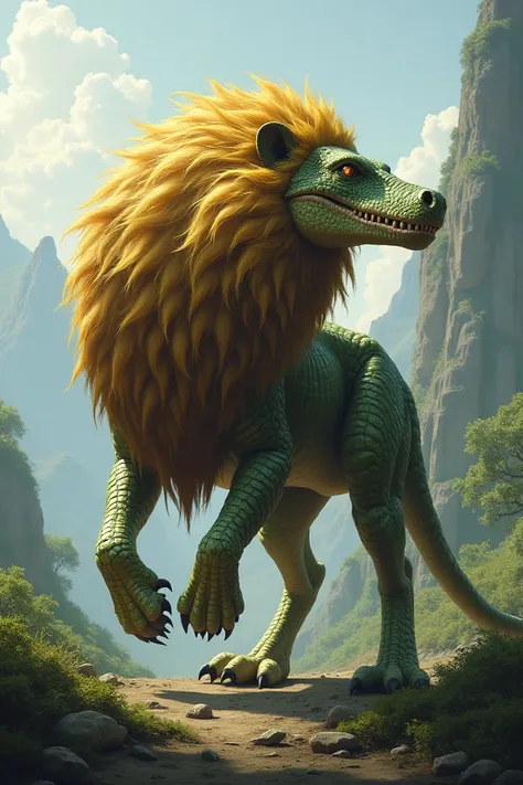 A lion with a Crocodile head and with 4 Bird leg 
