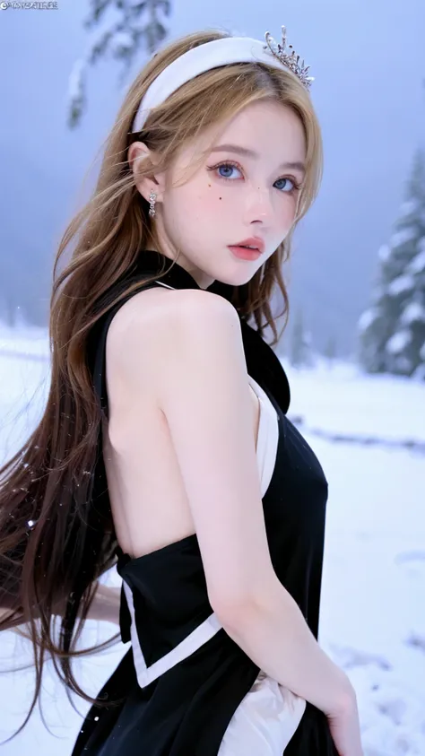     beautiful woman   ,Cute,    huge natural breasts    ,   Light curly hair  /current,    dark blue eyes and face are drawn in detail,  not too thin    ,     to make it ultra-realistic  ,     Western European girl    ,     in the snow in the mountains    ...