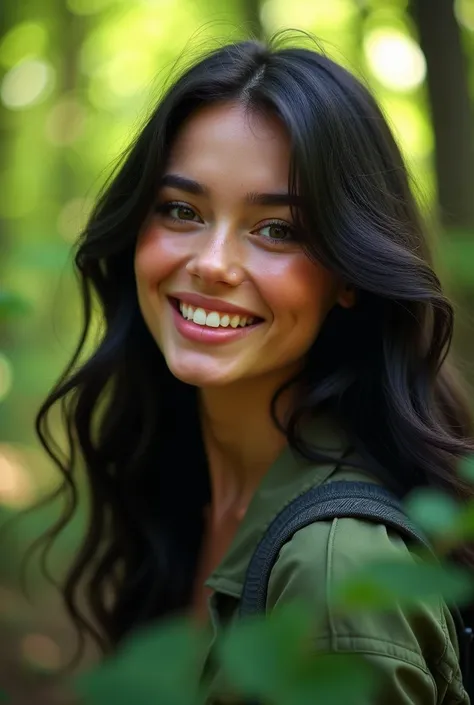 a beautiful young russian woman with long black hair, smiling face, hiking full body pose outdoors, intricate and highly detailed facial features, detailed eyes, nose and lips, beautiful expression, dynamic pose, lush green forest background, natural light...