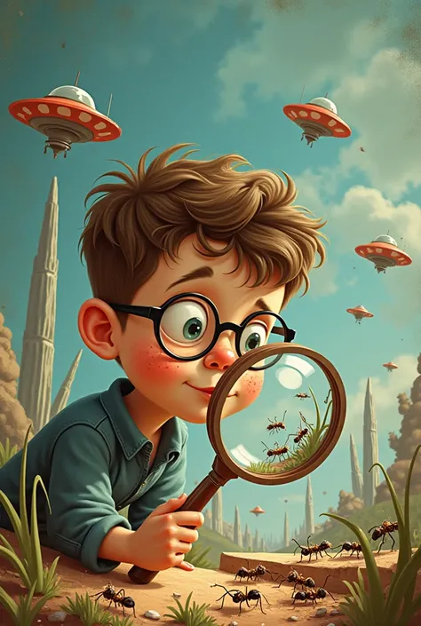 Collage of two images inside a main image .  The main image a boy with freckles and glasses looks through a magnifying glass ants working,  in the background a painting of an old transparent acetate film . a UFO and a drone flying inside the magnifying gla...