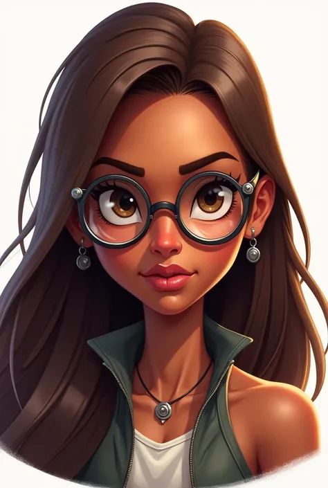 Warrior and princess icon cartoon character with brown long straight hair, brown eyes, dark skin and metal glasses, 2D