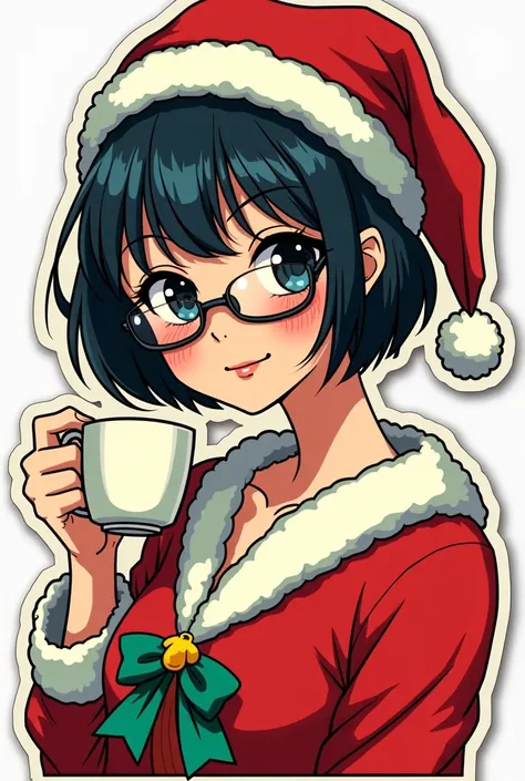 beautiful stylish sticker of the janpanese girl, glasses, short hair, wearing Santy Claus holding a cup of coffee in one hand, in the style of girl waifu animation, saturated color palette, incorporating vivid shades of red, blue, yellow, and green, along ...