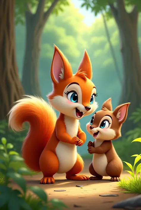 Movie Sally acorn ,  red-haired squirrel ,  blue eyes ,   a brown squirrel 