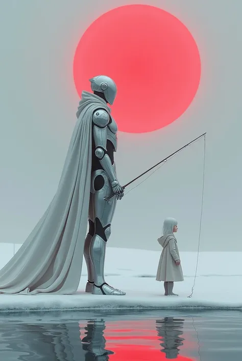 caped robot fishing in water with an little albino girl in the snow under a red sun.
