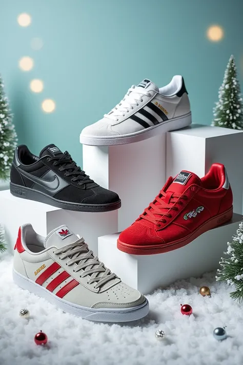 Combination of Nike , adidas,  Lacoste and Vans shoes on snowless Christmas background
