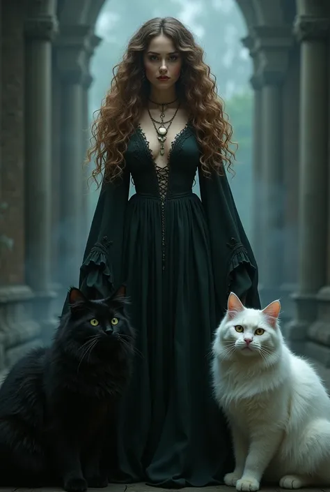 A sexy long curly haired witch holding a black and a white cat 