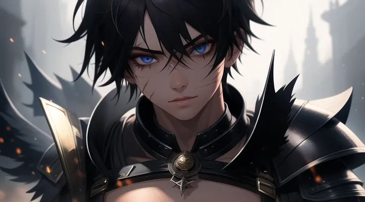 ( masterpiece : 1.2), (best quality: 1.2), 4K,  perfect eyes,  perfect face , perfect lighting, a boy, emo boy on a battlefield, thin and strong body, Armadura preta, emo style hair, Glamorous, elegant armor, scars, Fantasy, Detailed background