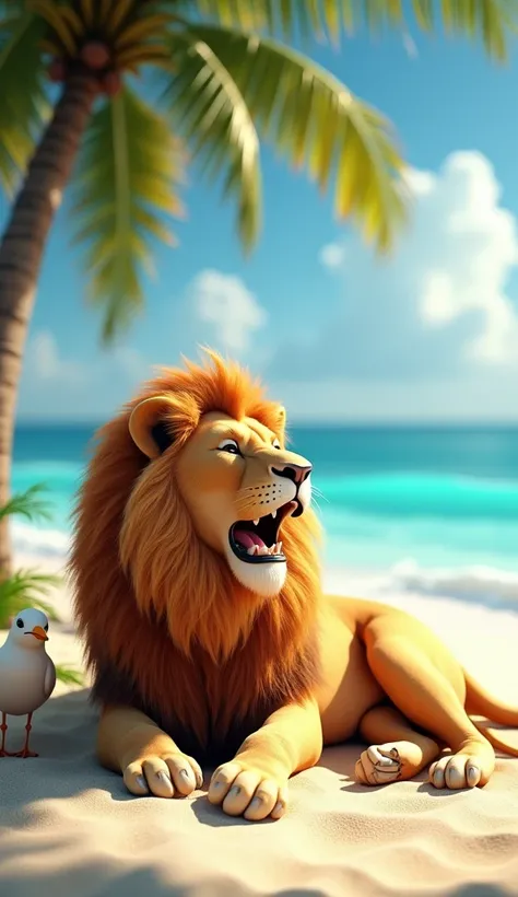 " A golden lion with fluffy mane lies under the sun on a tropical beach, surrounded by white sand ,  tall coconut trees and a crystal blue sea .  Roar is lying in lazy air ,  yawning as the waves caress the shore in the distance . he "he cielo está volando...