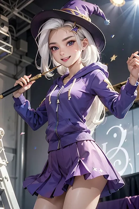 mlptrixie, white hair, wizard hat, purple eyes, colored skin, blue skin, star hair ornament, blue hoodie, purple skirt, looking at viewer, serious, grin, medium shot, action pose, holding a wand, on stage, bright lighting, high quality, masterpiece, 