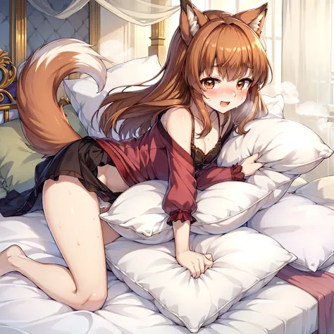 （masterpiece，best quality），mine, The Beast, , ( ））,  cute girl posing on pillow,，nature,, (blush),a smile，Pillow,（Lots of Pillow），Soft cushion，（canopy bed），（Pillow），Lots of Pillow，（Friction in the crotch），（（PillowCamel）），（A tail），（Around the protagonist），s...