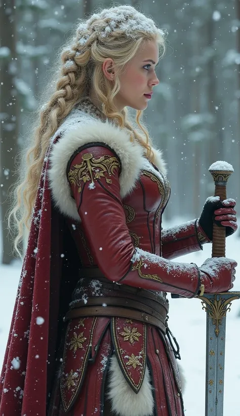 A blonde warrior with long braids ,  wearing a red leather corset with gold details and a short fur skirt.  She holds a sword with snowflakes shining on the blade ,  gazing intently as snow covers her high boots .