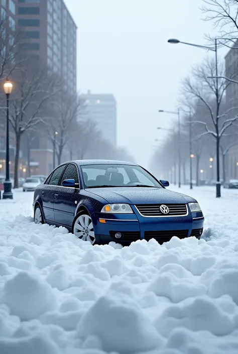 Snow drift in city with fwd 2003 blue volkswagen passat b5.5