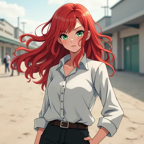 My Hero academia oc Older Girl red hair free, green eyes Long Sleeve white shirt, Black pants