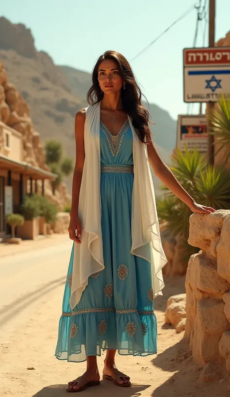 Create an ultra-realistic and highly enhanced depiction of Israel personified as a confident and striking woman, standing at the side of a vibrant road that captures the essence of Israel’s dynamic landscape and culture. Her features are strong and captiva...