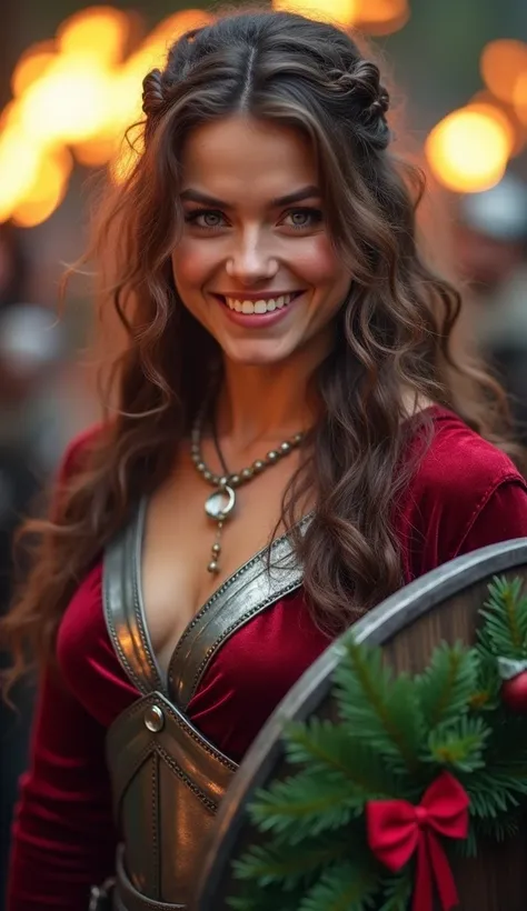  A Viking warrior with wavy brown hair and a mischievous smile , wearing light armor combined with a red velvet top .  Her skin shines in the light of the torches as she holds a shield decorated with Christmas wreaths.