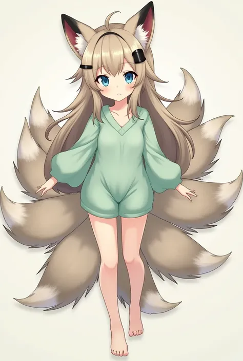 Create a picture of a kitsune girl in anime style ,She has long light brown-gray hair with a black strand and 9 fox tails, her tail is in the colors of her hair and she has black half-ringed horns and blue eyes and she is wearing a mint green summer outfit...