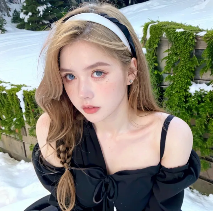     beautiful woman   ,Cute,    huge natural breasts    ,   Light curly hair  /current,    dark blue eyes and face are drawn in detail,  not too thin    ,     to make it ultra-realistic  ,     Western European girl    ,     in the snow in the mountains    ...