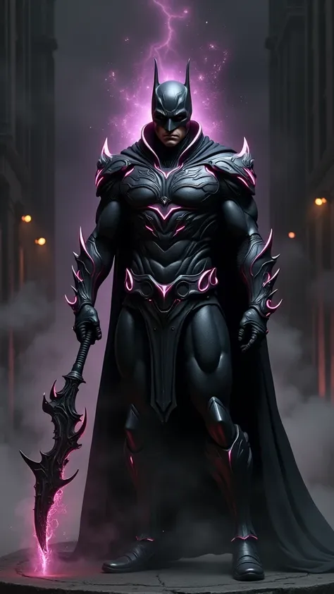 A hyper-realistic 16k resolution fusion of a dark, brooding hero with powers of the underworld. The character wears a sleek, black armor with dark purple accents, featuring glowing, ethereal patterns that evoke the realm of shadows and death. The armor com...