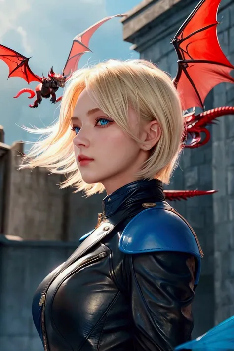 model: female. hair: short, blonde. eye color: sky blue. clothing: black riding leathers. background: red dragon flying.