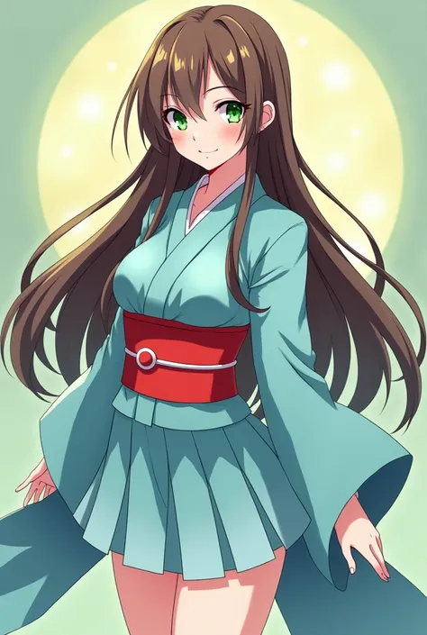  Murasaki Shikibu oc by Bungou Stray Dogs, broad forehead, hime cut, Haori light blue ,  very long brown hair , without bangs,  green eyes, short skirt, obi red ,  Best Quality .