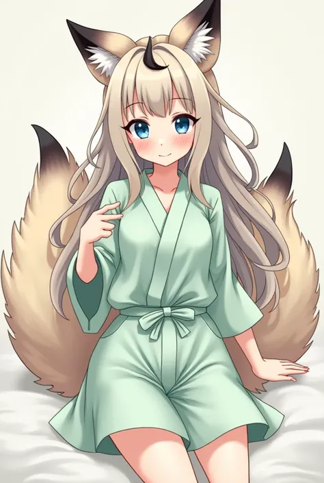 Create a picture of a kitsune girl in anime style ,She has long light brown-gray hair with a black strand and 9 fox tails, her tail is in the colors of her hair and she has black half-ringed horns and blue eyes and she is wearing a mint green summer outfit...