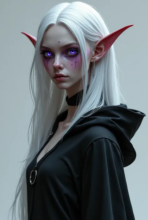 realistic adult girl. total black skin, white long hair, pointed ears, elongated and bright purple eyes. scar on her cheek. black dress with hood.  