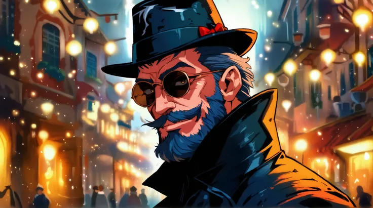 Man, thin physique, crazy hairstyle, crazy beard, crazy look, sharp chin, pointy nose, big eyes, Italian mobster outfit, big top hat, scary villain smile, Italian street at night, ((Anime character design)), ((2D animation style)), ((Dramatic studio lighti...