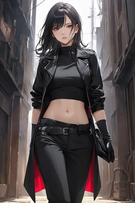 ( masterpiece,  best quality :1.2), From underneath, Alone,  1 girl, out loud, expressionless,  Closed mouth,  looks at the viewer ,  hands on hips , black jacket, Chap, black pants,  black gloves 