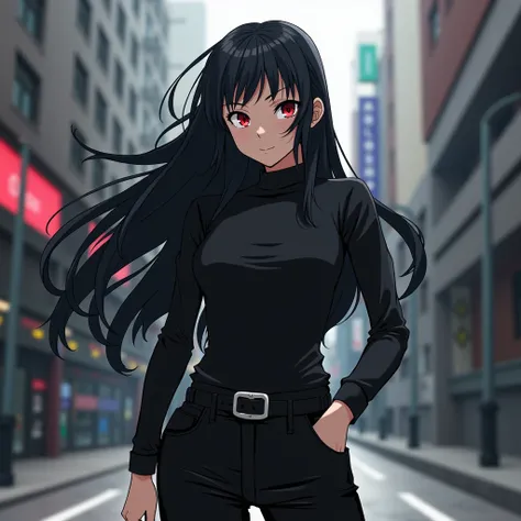 My Hero academia oc Older Girl black hair free, red eyes Long Sleeve black shirt, Black pants