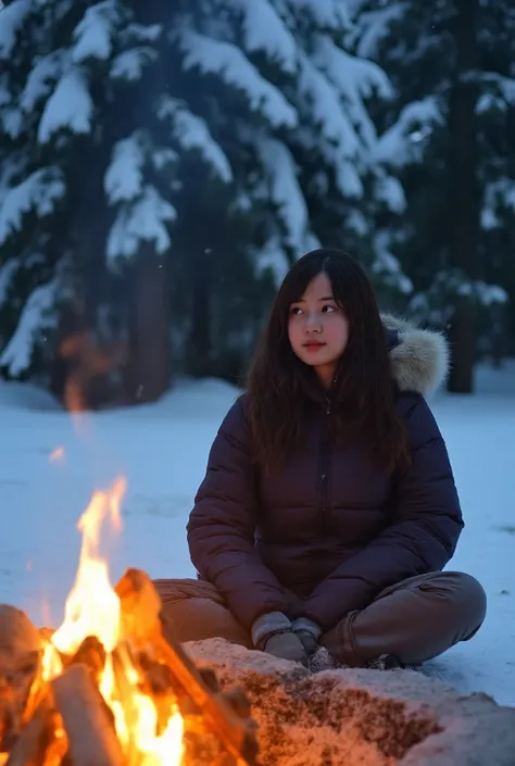 High quality, high quality, high quality, 8k, Japanese beautiful girl、(Warm clothing)、In the snow、Solo Camping、 campfire