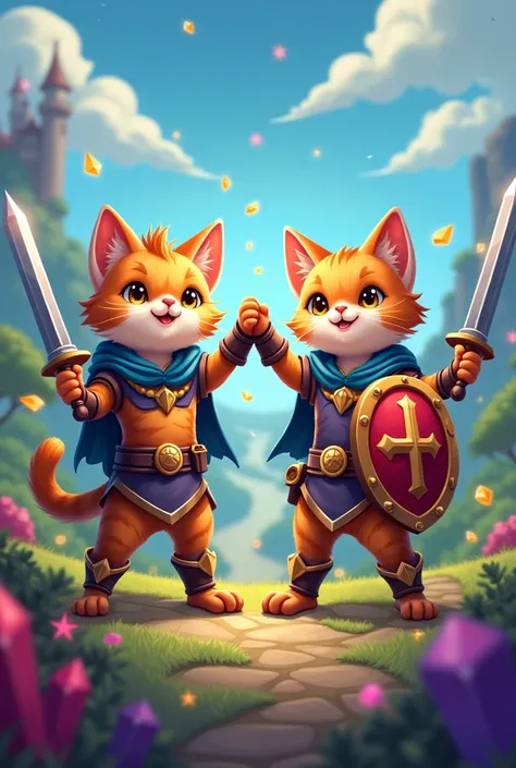 2 cats in an RPG world celebrating having risen in level 
