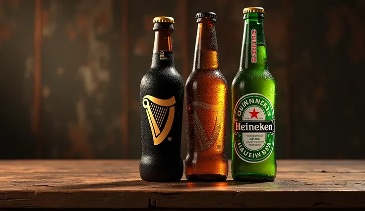 Bottles of Guiness and Heineken beers on a rustic bar table 