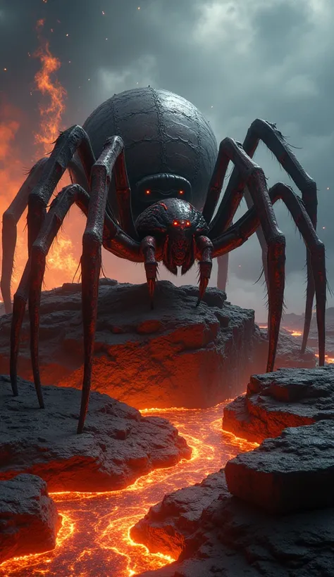 A massive spider perched on a crumbling volcanic rock, its legs straddling streams of molten lava, the fiery glow reflecting off its glossy exoskeleton, embers and smoke rising into the dark sky, cinematic composition, photorealistic details, eerie apocaly...