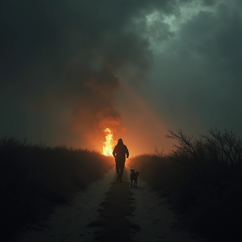 In a dark and philosophical setting, a distant view shows a lone figure running towards a small animal trapped in a burning bush. The flames illuminate the scene from afar, creating a stark contrast with the dark surroundings. The figure, seen in the dista...