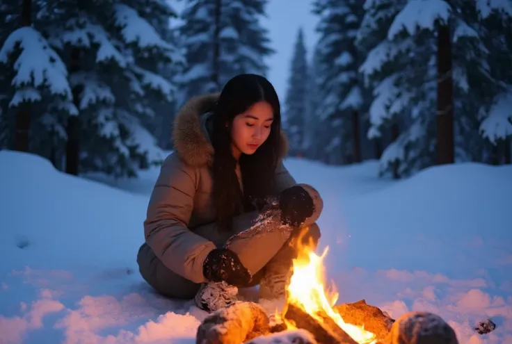 High quality, high quality, high quality, 8k, Japanese beautiful girl、(Warm clothing)、In the snow、Solo Camping、 campfire