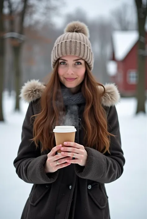  Photo style ,  girl walks in the park in winter ,  she is wearing a hat and coat ,  holding a paper cup with cappuccino in her hands. Steam comes from the glass ,  showing how hot it is .  Photo with a small Russian town in the background .  The level of ...