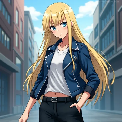 → My Hero Academia oc Girl with long straight blond hair, blue eyes, Black pants, White long-sleeved shirt and blue Leather jacket