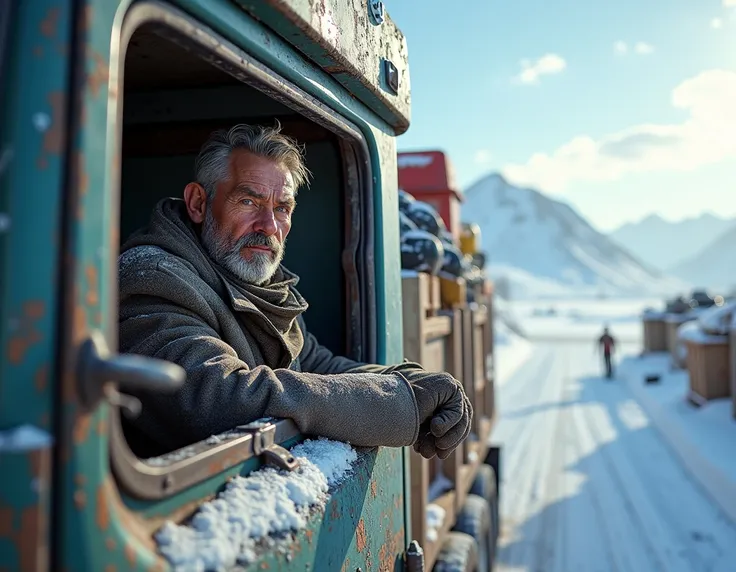 le monsieur de la seed 1157268446 transportant tout sorte de marchandise dans son camion et endurant le froid glaciale et les intempéries lors de ses voyage tranfrontalierzs