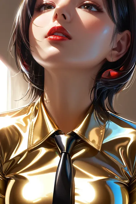 The taste of , Momo buttoned in extremely tight shiny latex blouse, Necktie,Lens reflection, Reflected light, 